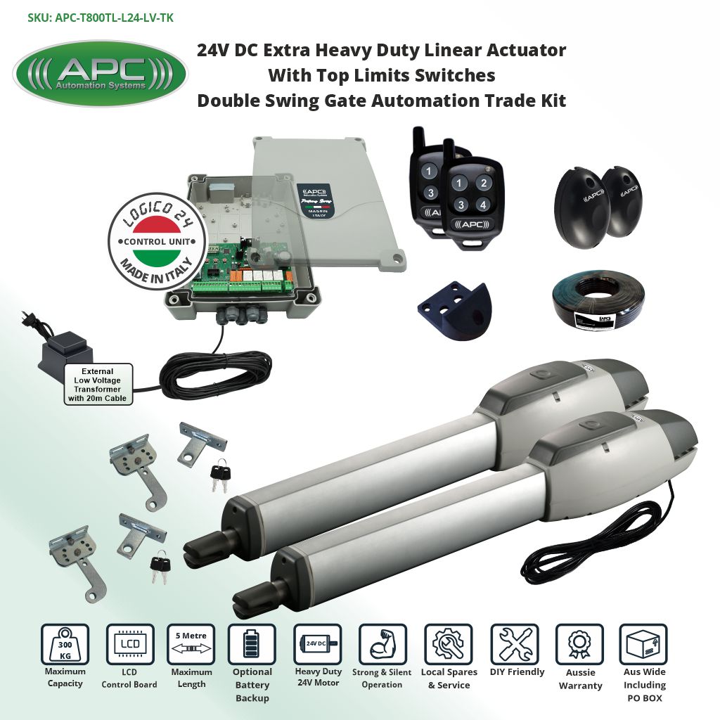 Double Swing Gates Automation Trade Kit with Italian Made Logico 24 Control Unit & T800TL Heavy Duty Linear Actuators With Adjustable Limit Switches. Remote Control Automatic Double Gate Opener