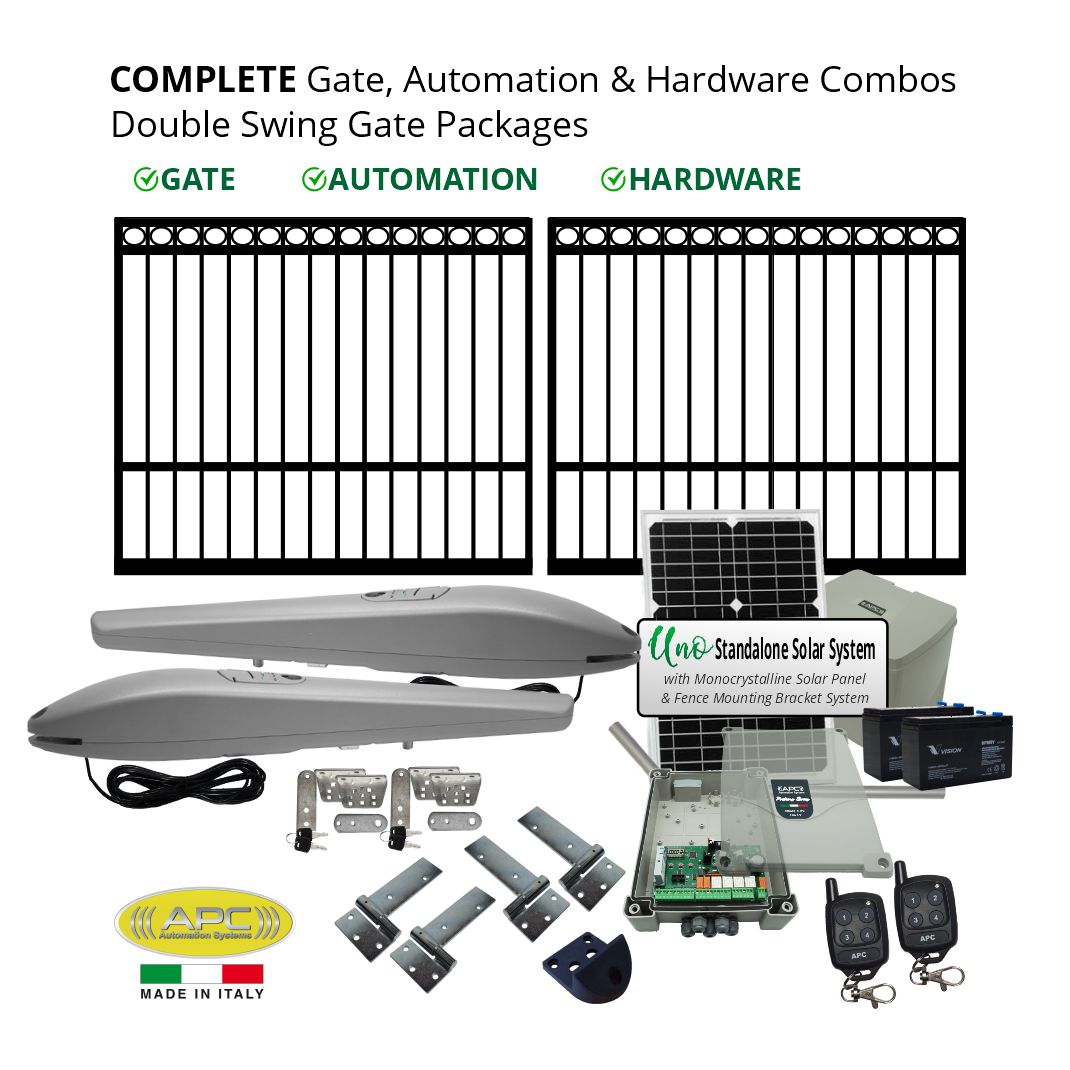 Complete Gate, Solar Powered Gate Automation & Hardware Combos with Italian Made Gate Opener. Solar Double Swing Gate Packages