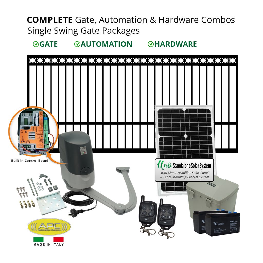 Complete Gate, Solar Powered Gate Automation & Hardware Combos with Italian Made Gate Opener. Solar Single Swing Gate Packages