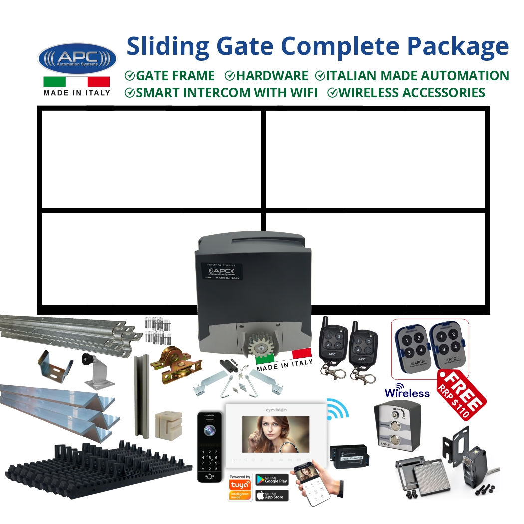 3m Complete Smart Home Gate Automation Package with Gate Frame + Sliding Gate Hardware + Italian Made Gate Opener + Wireless Accessories + WiFi Video Intercom