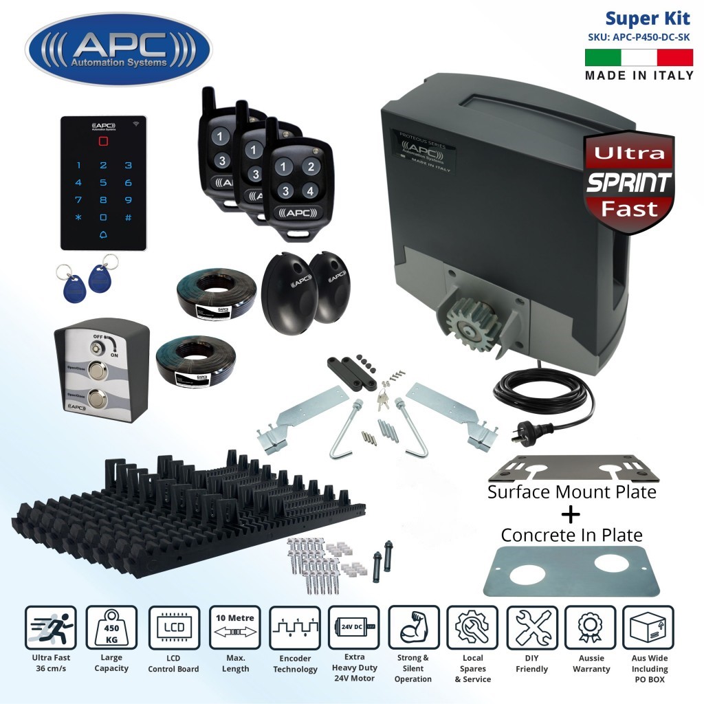 Electric Gate Automation APC Proteous 450 Sprint, Automatic Sliding Gate Opener Super Kit, AC to 24V DC, ULTRA Fast, Extra Heavy Duty Electric Gate Automation with Encoder System