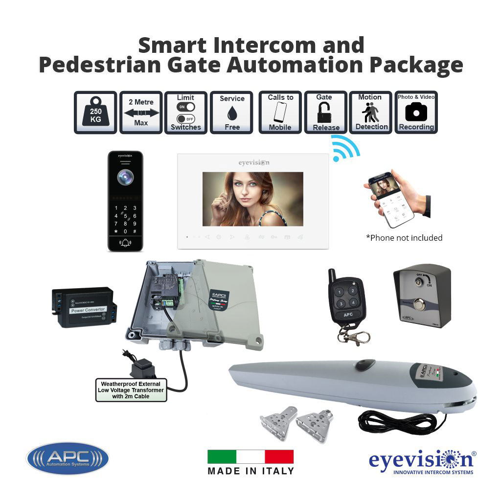 Automatic Pedestrian Gate Opener with Smart WiFi Video Intercom and Wireless Push Button Switch Remote Controlled Secure Pedestrian Door/Gate Automation Combo System