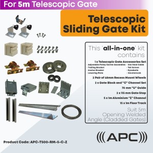 5m Telescopic Sliding Gate Hardware Complete Kit for Cladded Gate with Recess Mounted Wheels and More