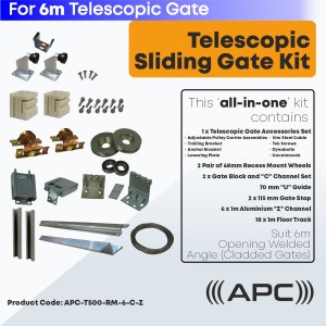 6m Telescopic Sliding Gate Hardware Complete Kit for Cladded Gate with Recess Mounted Wheels and More