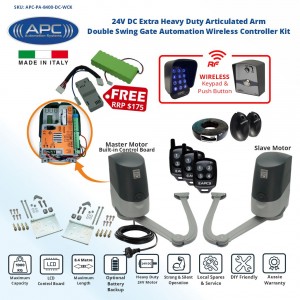 Extra Heavy Duty Italian Made Proteous PA-8400 Articulated Arm Wireless Controller Kit, Double Swing Gates Automation With Battery Back-up