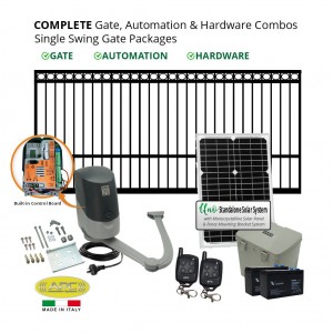 Complete Gate, Solar Powered Gate Automation & Hardware Combos with Italian Made Gate Opener. Solar Single Swing Gate Packages