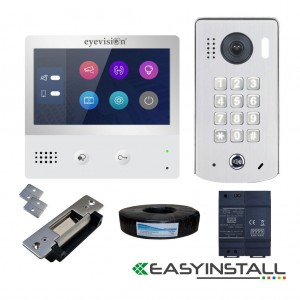 Eyevision® EasyInstall Two-Wire Doorbell Video Intercom and Electric Striker System. Two Wire 7 Inch Touch Screen Intercom Monitor and Surface Mount Video Intercom Camera Door Station, 2.0 Mega Pixel, 170° Super Wide Angle Video Keypad Outdoor Station