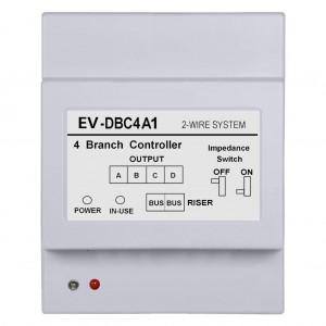 2-Wire EasyInstall Video Intercom System 4-Way Distributor Module (EV-DBC4A1) for up to 4 Door Panels or Monitors, DIN Rail Mount