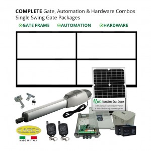 Complete Gate, Solar Powered Gate Automation & Hardware Combos with Italian Made Gate Opener. Solar Single Swing Gate Packages