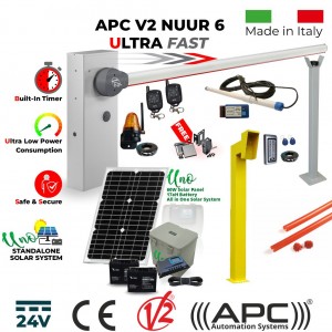 Solar Power Boom Gate / Parking Barrier, Car Parking Access Control APC V2 NUUR 6, Universal Boom Gate Ultra High-Speed 24V, Standalone Solar Off Grid 6 Meter Boom/Barrier Made in Italy, 60W Solar Panel, 17ah Dual Battery, Uno All in One Standalone Solar System, Remote Controls, Gate Safety Light and Antenna, Vehicle Motion Detector, Gooseneck Pedestal, Keypad with EM Card Reader and Free Offer - Retro Reflective Safety Sensor