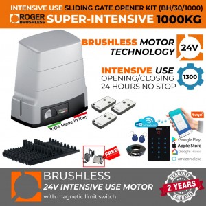 Brushless Sliding Gate Opener Kit Wi-Fi Access Control 1000 KG |100% Italian Made by Roger Technology BH30 Sliding/Roller Gate Automation System. Super Intensive Use, 100% Duty Cycle 1 Ton Capacity Brushless High Torque Sliding Gate Motor With Magnetic Limits, Remote Controls, Reflective Safety Sensor and APC MONDO Wi-Fi Keypad Smart Access Control