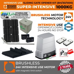 Solar Powered BRUSHLESS Sliding Gate Opener Standalone Off-Grid Kit 1000 KG |100% Italian Made by Roger Technology BH30 Sliding/Roller Gate Automation System. 100% Duty Cycle, High Torque Brushless Super Intensive Use, 1 Ton Capacity Rolling Engine With Magnetic Limits Remote Controls and Reflective Safety Sensor