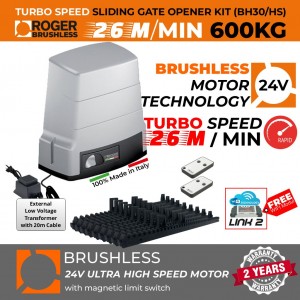 Brushless Sliding Gate Opener 24V Kit|Turbo-Speed 100% Italian Made by Roger Technology Rolling/Sliding Gate Automation System BH30/604/HS. Ultra High-Speed, 100% Duty Cycle 600kg Brushless High Torque Sliding Engine With Magnetic Limits and Weatherproof External 24V Transformer with 20m Low Voltage Cable