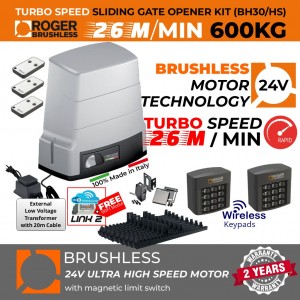 Brushless Sliding Gate Opener Super Secure 24V Kit|Turbo-Speed 100% Italian Made by Roger Technology Rolling/Sliding Gate Automation System BH30/604/HS. Ultra High-Speed, 100% Duty Cycle 600kg Brushless High Torque Sliding Engine With Magnetic Limits, Remote Controls, Reflective Safety Sensor, Two Wireless Keypad Access Controls and Weatherproof External 24V Transformer with 20m Low Voltage Cable