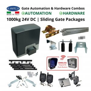 Super Duty 1000 KG Sliding Gate Opener and Gate Hardware DIY Kit Include APC Proteous P1000 Italian Made Super Duty Automatic Electric Sliding Gate Motor, Remotes, Retro Reflective Safety Sensor, Wireless Access Controller and Sliding Gate Hardware Set.