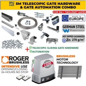 5m Complete Telescopic Sliding Gate Hardware for Two-Part Driveway Sliding Gate and Gate Automation Combo | BRUSHLESS Sliding Gate Opener Kit 1000 KG | 100% Duty Cycle, High Torque Brushless Super Intensive Use, Italian Made by Roger Technology and 5m Complete Telescopic Sliding Gate Installation Kit for Two-Part Driveway, Hot Dip Galvanized German Steel Sliding Gate Telescopic Hardware Set Made in Europe by CAIS [SHORTBACK DUE 5.0]