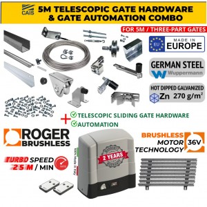 5m Complete Telescopic Sliding Gate Hardware for Three-Part Driveway Sliding Gate and Gate Automation Combo | Turbo-Speed Brushless 36V, 1500kg, 25m/min Sliding Gate Opener Italian Made by Roger Technology Rolling Gate Automation System and 5m Complete Telescopic Sliding Gate Installation Kit for Three-Part Driveway, Hot Dip Galvanized German Steel Sliding Gate Telescopic Hardware Set Made in Europe by CAIS [SHORTBACK THE 5.0]