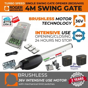 Brushless 36V Single Swing Gate Opener Super Secure Kit | 100% Italian Made by Roger Technology BE20/400 for Swing Gate Automation System for Max. 4M or 400KG Gate Leaf. 100% Duty Cycle, High Torque,  Super Intensive Use, Brushless Gate Motor With Mechanical Stopper in Opening and Closing Limits, Remote Controls, Reflective Safety Sensor, Two Wireless Keypads, Super Secure Access Controls System.