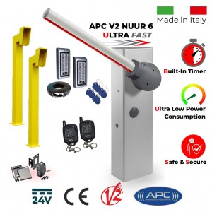 Universal Boom Gate Ultra High-Speed 24V DC, 6 Meter Barrier Made in Italy, Boom Barrier / Boom Gate / Parking Barrier, Car Parking Access Control APC V2 NUUR 6, Remote Controles, Gooseneck Pedestals, Keypads with EM Card Reader